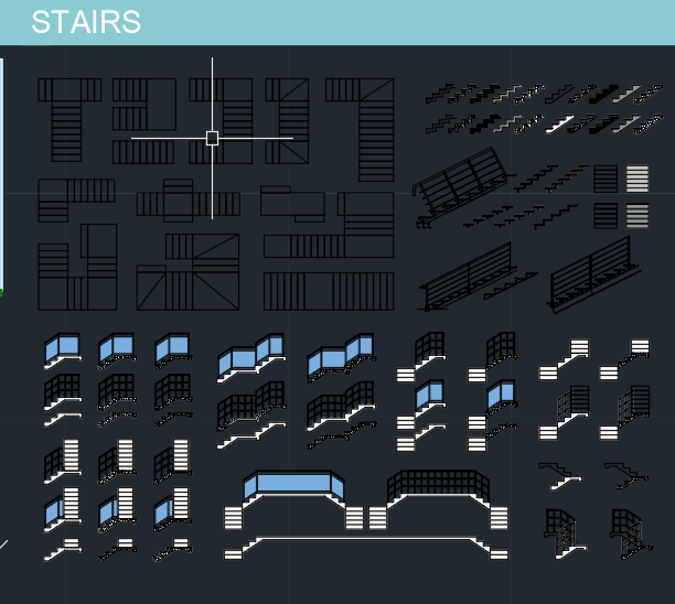 Collection of architectural and furniture elements on a dark background with labels for 'Stairs' and 'Beds'.