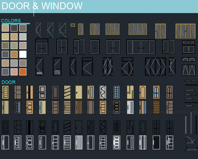 Collection of door and window designs with color swatches on a dark background