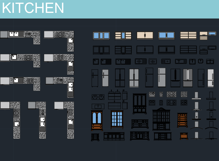 Top-down layout of a kitchen with various furniture and appliance icons.